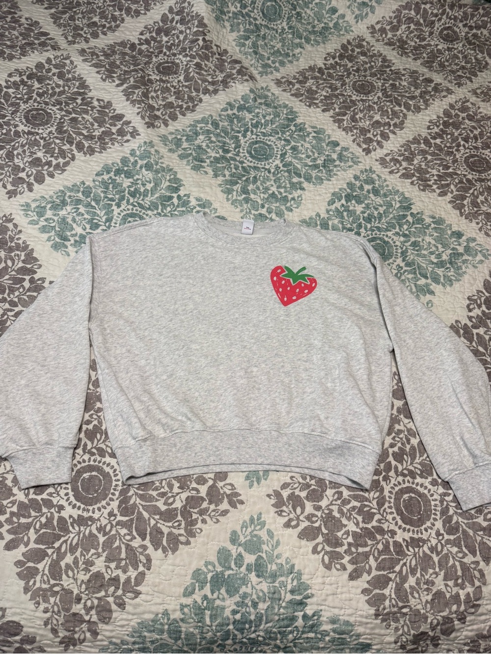 Gray Crewneck Sweatshirt with Red Strawberry Graphic